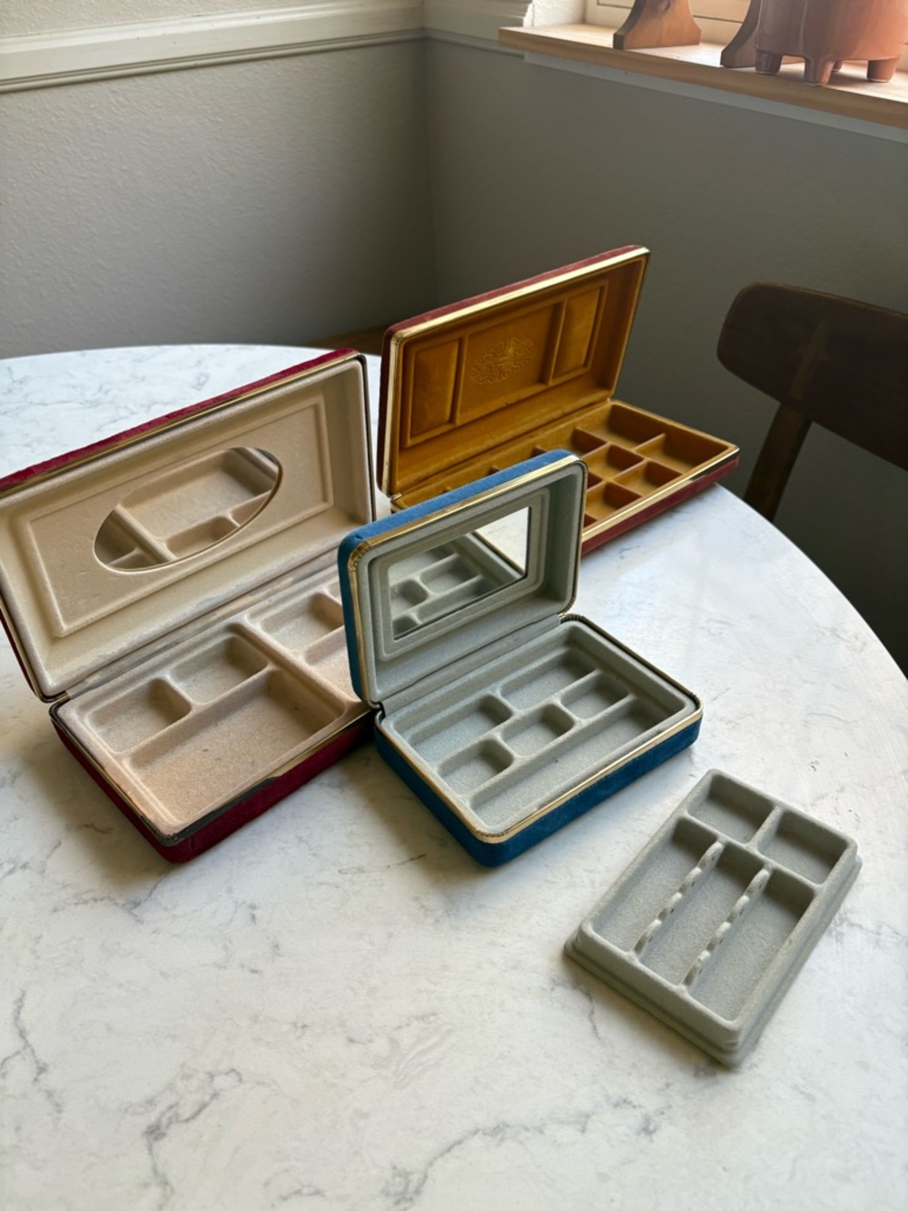 Vintage Velvet Jewelry Cases with Mirror - Red, Blue, Gold